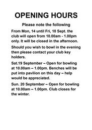 September Opening Hours from 14th Sept